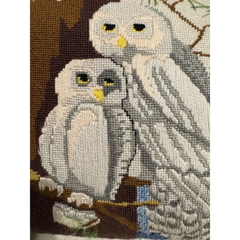 Vintage needlepoint 1976 Owl nesting in tree sky throw pillow 12x12